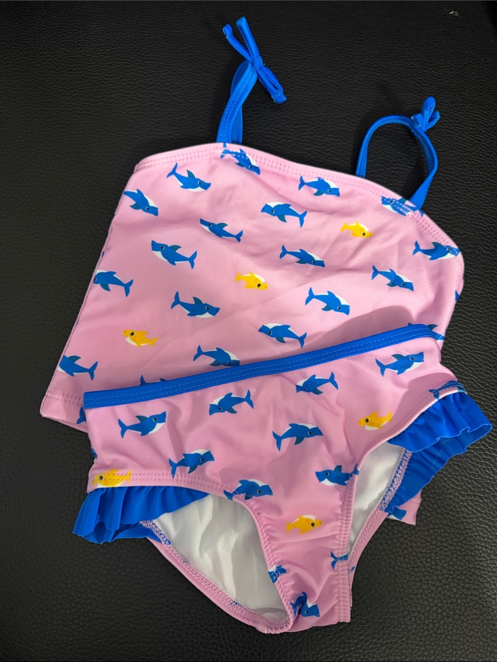 Girls Pink Shark Print Two-Piece Swim Set with Blue Trim